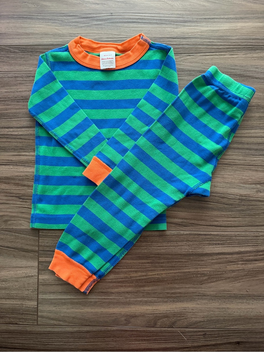 Hanna Andersson Blue and Green Striped Pajama Set with Orange Accents
